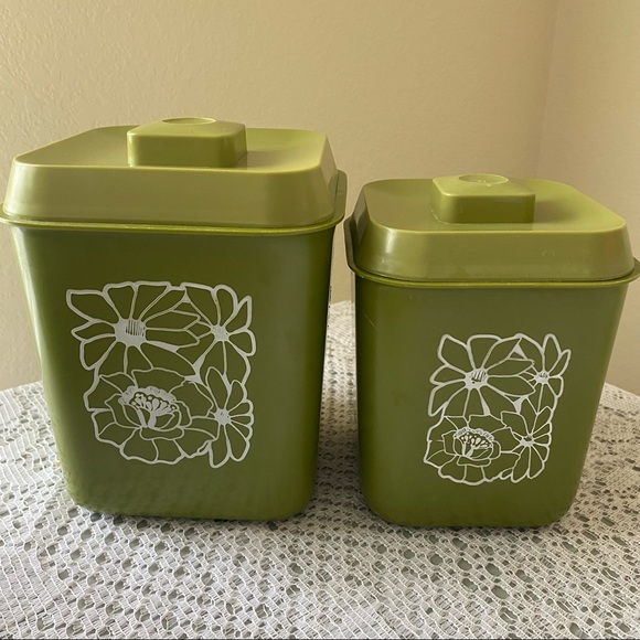 •Vintage• Green Floral Square Canisters; Plastic, Set of 4 - Retro Kitchen - Picture 15 of 15